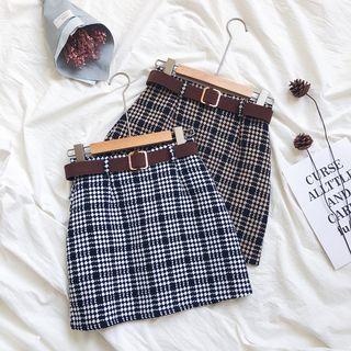 Tweed Mini A-line Skirt With Belt