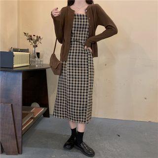 Plain Cardigan / Spaghetti Strap Gingham Midi A-line Dress