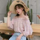 Elbow-sleeve Floral Tie-shoulder Top