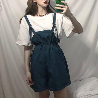 Set: Plain Elbow Sleeve T-shirt + Pinafore Playsuit