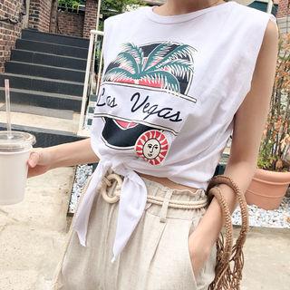 Sleeveless Printed Tie-front T-shirt