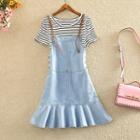 Set: Striped Short-sleeve T-shirt + Denim Pinafore Dress