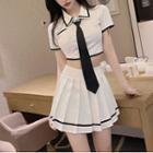 Short-sleeve Crop Shirt / Tie / Pleated Mini A-line Skirt / Set