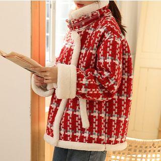 Faux-fur Stand Collar Tweed Zip Jacket