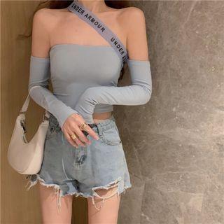 Off-shoulder Lettering Strap T-shirt