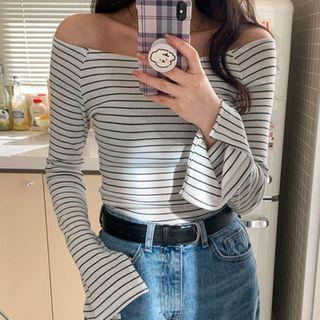 Off-shoulder Slit-cuff Stripe T-shirt