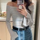 Off-shoulder Slit-cuff Stripe T-shirt