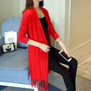Fringed Hem Open Front Long Cardigan
