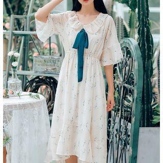 Short-sleeve Tie-neck Floral Chiffon Dress