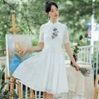 Floral Embroidered Short-sleeve Lace Qipao Dress