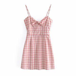 Spaghetti Strap Bow Neck Plaid Mini Dress