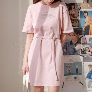 Short-sleeve Lettering Mini T-shirt Dress Pink - One Size