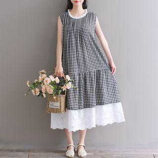 Sleeveless Plaid Eyelet Lace Hem Midi A-line Dress
