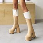 Faux Shearling Panel Platform Block Heel Knee-high Boots