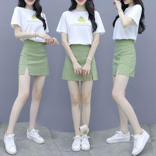 Set: Short-sleeve Lettering Print T-shirt + Slit Check Mini Pencil Skirt