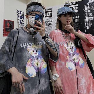 Elbow-sleeve Tie-dyed Bear Print T-shirt