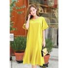 Elbow-sleeve Ruffle-hem Long Dress