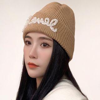 Lettering Faux Pearl Knit Beanie