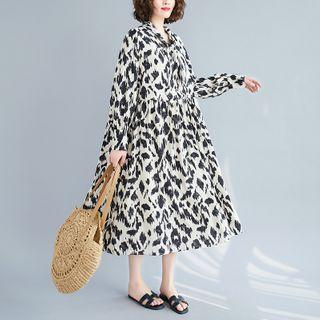 Leopard Print Long-sleeve Midi Shift Dress White - One Size