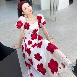 Puff-sleeve Flower Print Dress