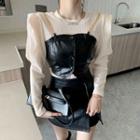 Long-sleeve Round Neck Top / Faux-leather Sleeveless Top / Faux-leather Slim-fit Skirt