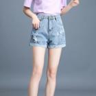 Ripped Perforated Denim Shorts
