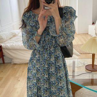 Flower Print Off-shoulder Maxi A-line Dress Green - One Size