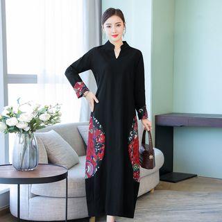 Print Long-sleeve Maxi Shift Dress