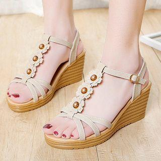 Floral Faux Leather Wedge Sandals