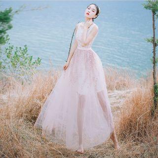 Sleeveless Floral Embroidered Tie-waist Sheath Slim Mesh Dress