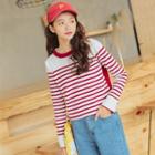 Long-sleeve Striped Panel Knit Top As Shown In Figure - One Size
