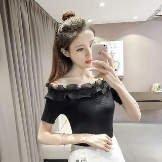 Frill Trim Off-shoulder Short-sleeve Knit Top