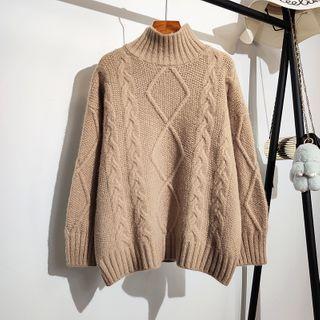Semi High-neck Cable-knit Loose-fit Sweater