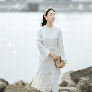 Plain Tie-waist Dress Almond - One Size