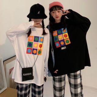 Printed Long-sleeve T-shirt / Plaid Wide-leg Pants