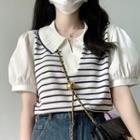 Mock Two-piece Short-sleeve Striped Panel Blouse