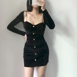 Set: Button Detail Spaghetti Strap Bodycon Dress + Bolero Jacket