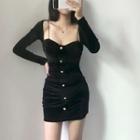 Set: Button Detail Spaghetti Strap Bodycon Dress + Bolero Jacket