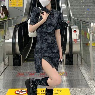 Puff-sleeve Mandarin Collar Tie-dye Slit Mini Qipao Dress Black - One Size