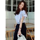 Fluttered Short-sleeve Striped Blouse