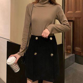 Double Breasted Plaid Coat / Mini A-line Skirt / Long-sleeve Turtle Neck T-shirt
