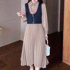 Set: Long-sleeve Collared Midi A-line Dress + Contrast Trim Single-breatsed Vest
