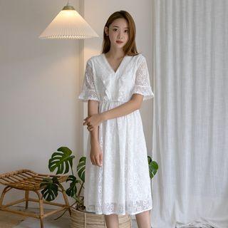 V-neck Frilled Midi Lace Dress White - One Size