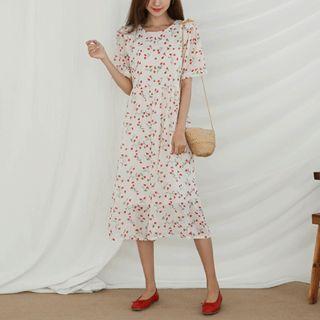 Puff-shoulder Long Floral Dress Ivory - One Size