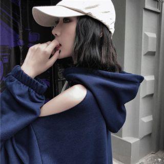Lettering Cutout Loose-fit Hoodie Dark Blue - One Size