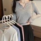 Long-sleeve Open-placket Knit Top