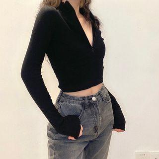 Stand-collar Half-zip Cropped T-shirt
