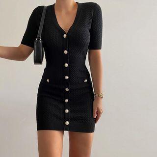 Cable Knit Short-sleeve Mini Sheath Dress