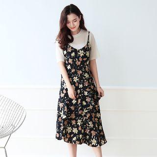 Floral Print Ruffle Trim A-line Midi Spaghetti Strap Dress