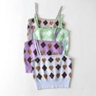 Heart Print Argyle Knitted Crop Camisole Top
